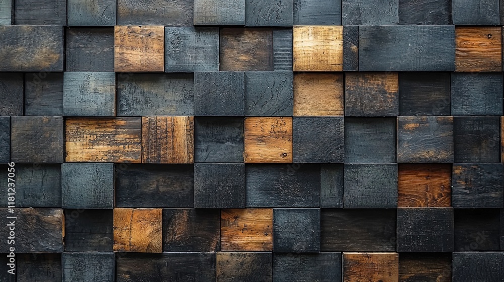 A textured wooden wall featuring various shades and patterns of wood blocks. A textured wooden wall featuring various shades and patterns of wood blocks.