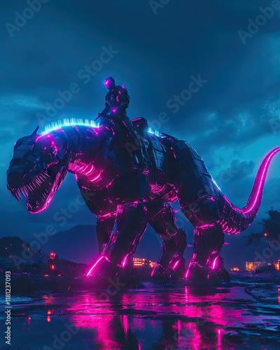 A futuristic scene featuring a rider on a glowing robotic dinosaur against a dramatic sky.