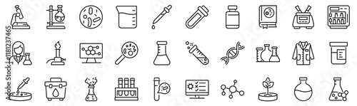 Set of 30 outline icons related to laboratory. Linear icon collection. Editable stroke. Vector illustration	