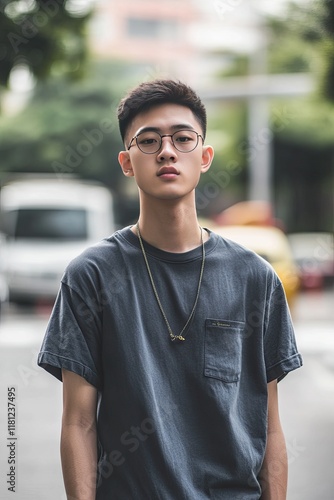Young Man in Casual Grey Shirt with Glasses on Urban Street