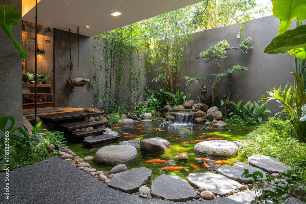 Modern indoor garden with stone steps and tropical plants Modern indoor garden with stone steps and tropical plants