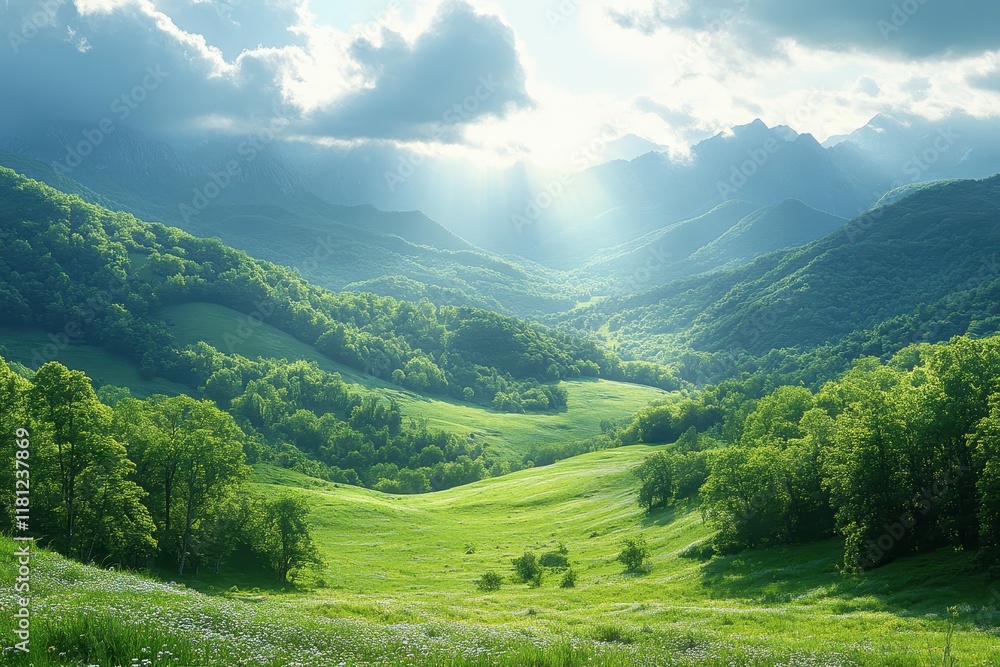 Obraz premium Beautiful green valley under a cloudy sky with sunlight shining through mountains during the day