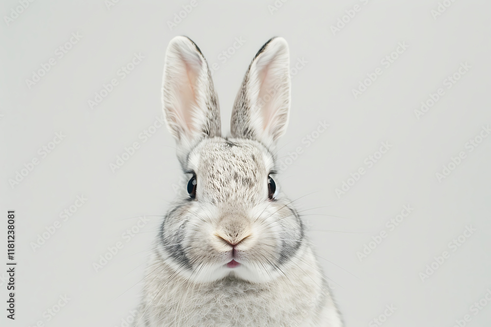 Obraz premium Close-up shot of a rabbit on a white surface , Surprised Funny Cute Bunny with Big Eyes on Light Background, Cute Animal Portrait ,white rabbit ,Close-Up of Rabbit With Soft Gray Fir Against Light