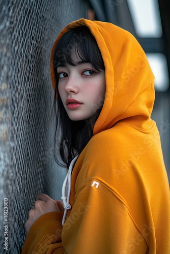 Portrait of Young Woman in Orange Hoodie Against Dark Background
