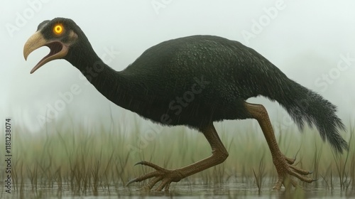 Prehistoric bird, dark plumage, glowing eyes, wading in marsh. photo