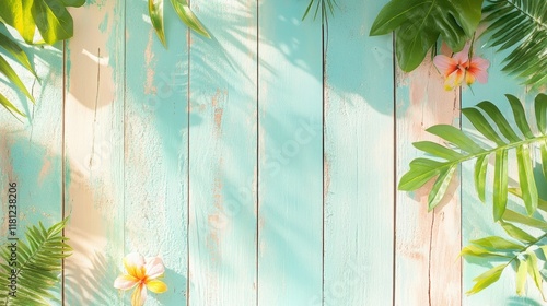 pastel color wooden table with scattered tropical leaves backgorund