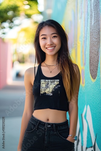 Young woman smiling in urban setting with colorful graffiti background
