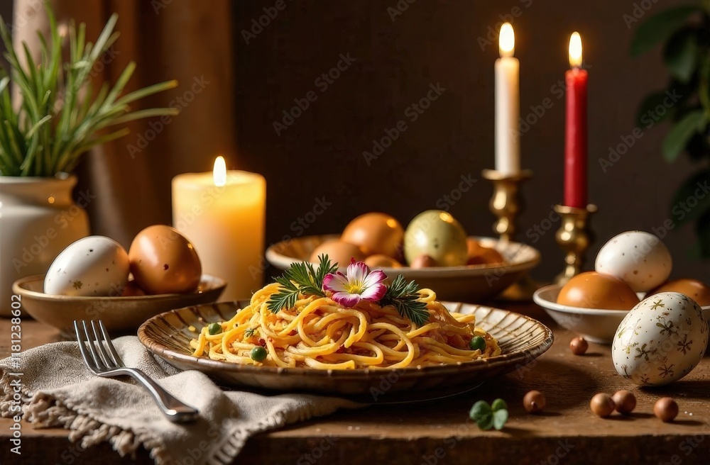 Obraz premium Cozy Orthodox Easter dinner with traditional dishes