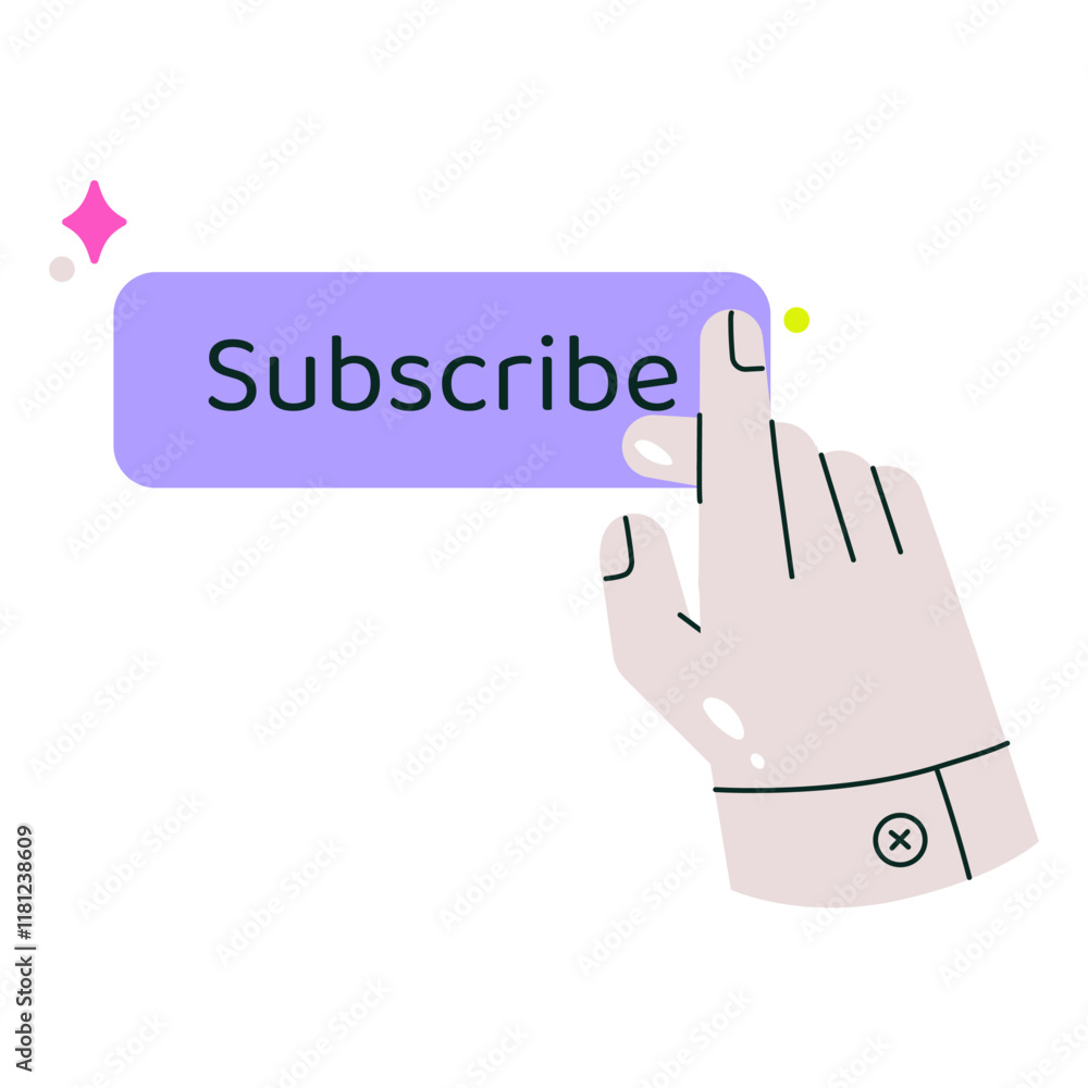 Hand Clicking Subscribe Button In Flat Vector Illustration Symbolizing Engagement, Interaction, And Online Subscriptions, Isolated On White Background.