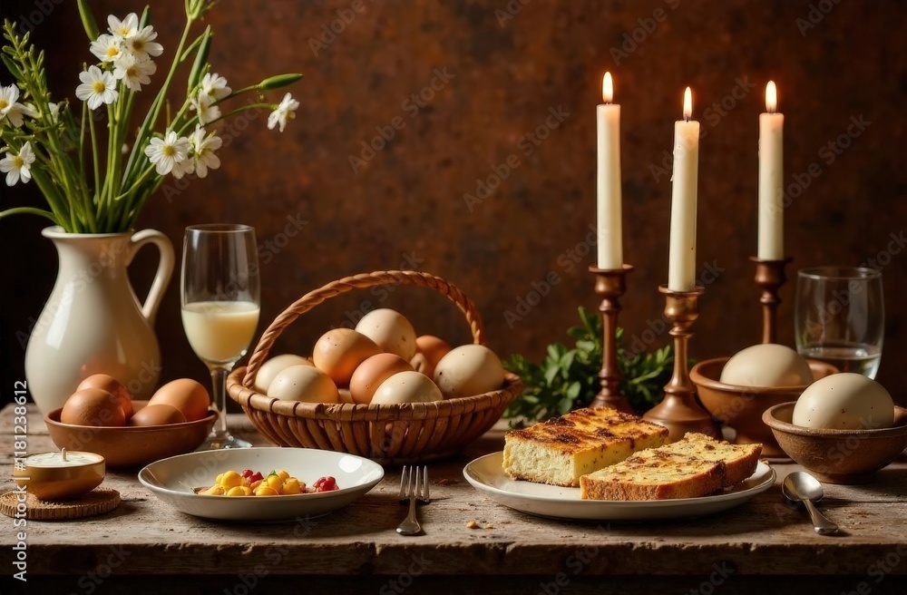 A cozy Orthodox Easter family dinner setup with traditional dishes, candles, and decorated eggs A cozy Orthodox Easter family dinner setup with traditional dishes, candles, and decorated eggs
