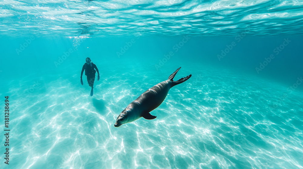 Obraz premium Underwater shot of a diver swimming near a seal in turquoise waters, creating a peaceful and harmonious scene