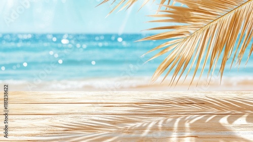 Palm leaf shadows falling on a wooden table with a blurred ocean in the background