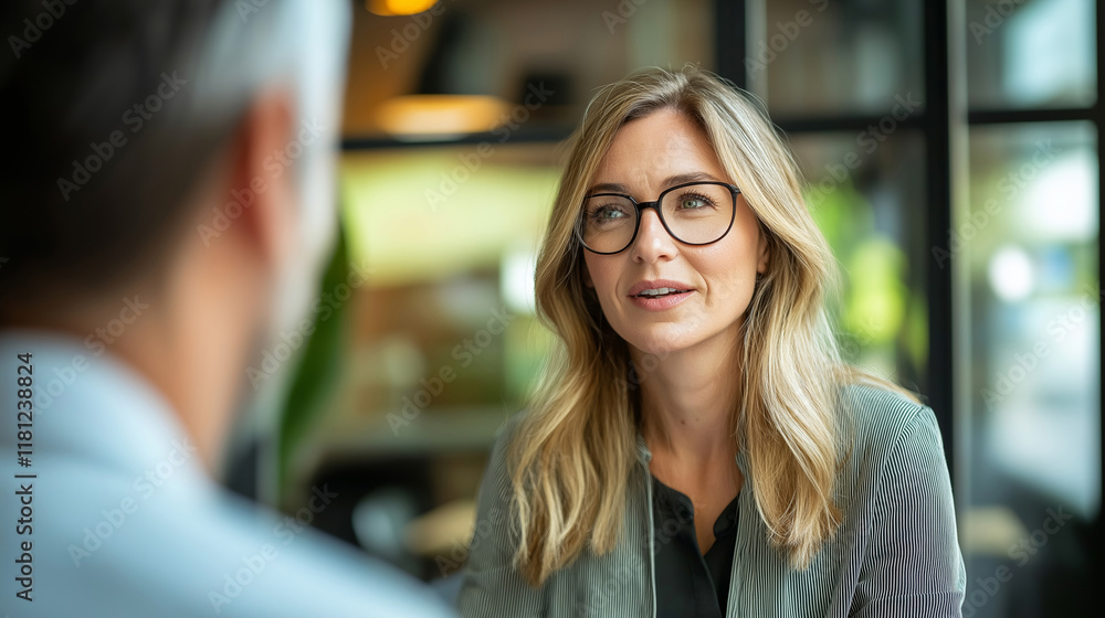 Professional female collaborating, discussing project details with coworker near glass walls in contemporary workspace Professional female collaborating, discussing project details with coworker near glass walls in contemporary workspace