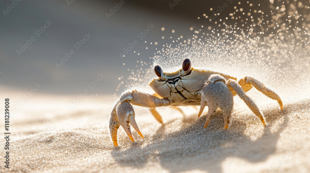 Ghost crab digging and throwing sand in the air, creating a beautiful effect with the sunlight Ghost crab digging and throwing sand in the air, creating a beautiful effect with the sunlight