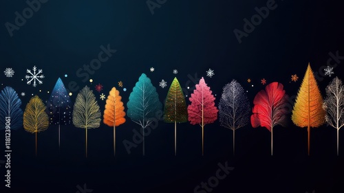 Vibrant geometric trees adorned with snowflakes against a dark backdrop, creating a striking winter wonderland.