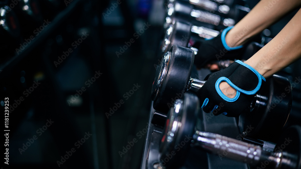 Fototapeta premium Close-up of woman wearing gym gloves lifting dumbbells in a gym