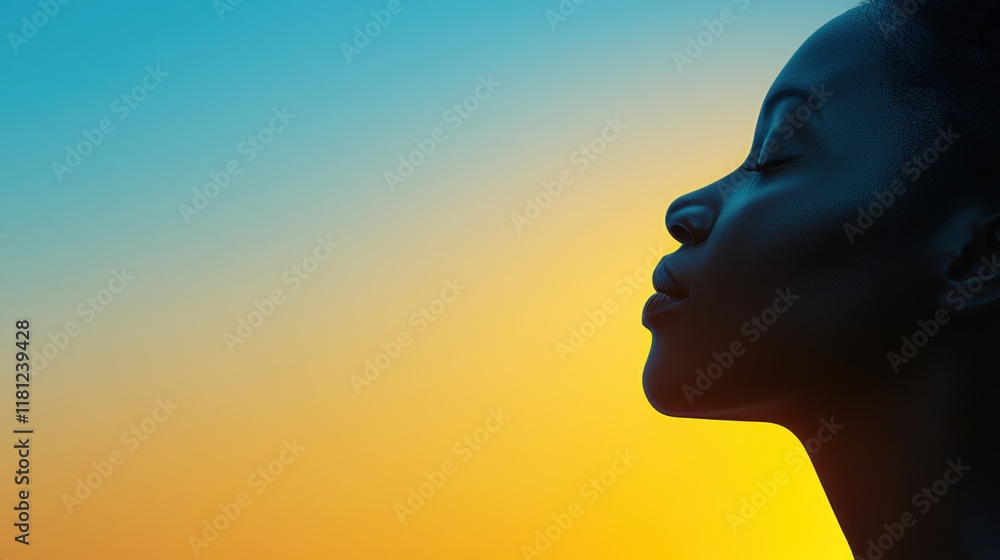 Silhouette of african female profile at sunset with vibrant sky Silhouette of african female profile at sunset with vibrant sky
