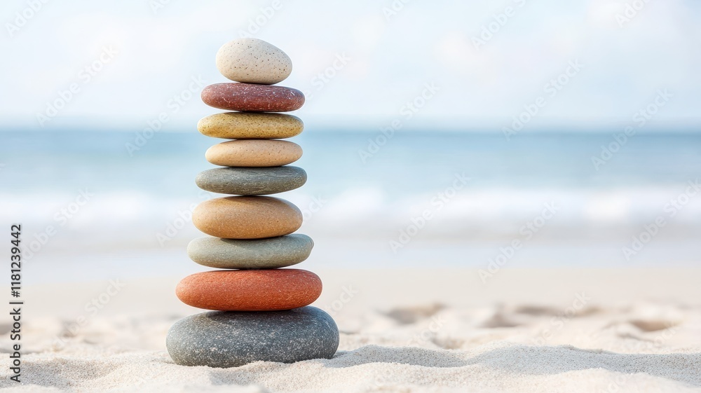Vibrant stacked stones create a colorful display on a serene sandy beach, inviting tranquility and harmony. Vibrant stacked stones create a colorful display on a serene sandy beach, inviting tranquility and harmony.
