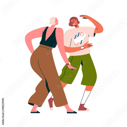 Dancing couple, happy young man and woman enjoying music with energetic movem...