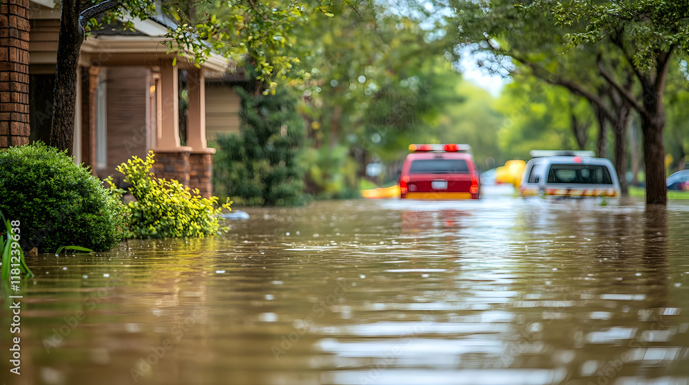 Flooded Suburban Street Realistic Image Flooded Suburban Street Realistic Image