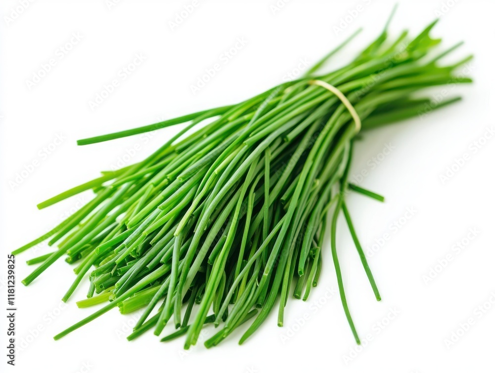 Fresh Chives Bundled with Green Stems on White Background Fresh Chives Bundled with Green Stems on White Background