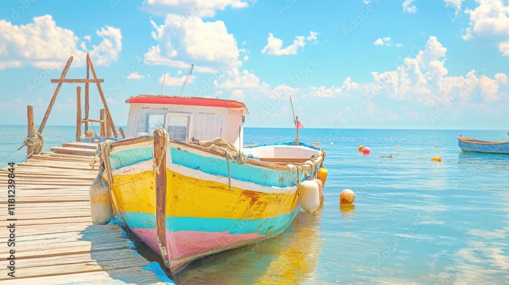 Fototapeta premium Colorful Boat at Pier: A vibrant, weathered boat, painted in eye-catching hues, gently rests alongside a wooden pier, set against a backdrop of the tranquil sea and a clear, cloud-dappled sky.