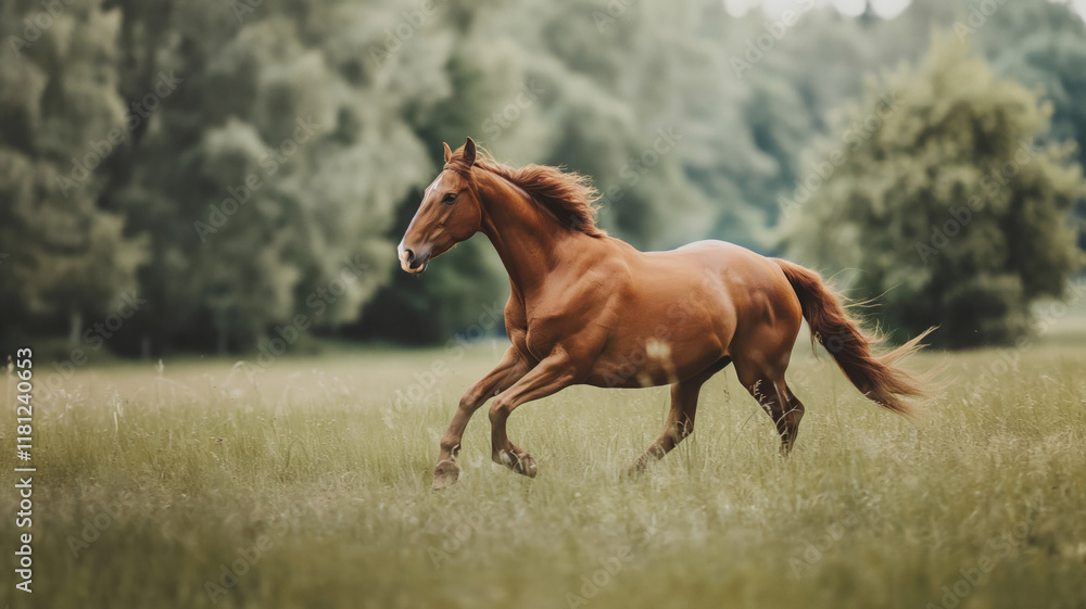 Obraz premium Chestnut horse galloping in a field with lush green grass and trees in the background, enjoying freedom and nature