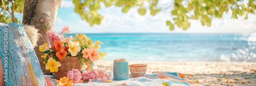 Beach view Surrounded by tropical flowers. on a blanket in a park surrounded by minimall lush greenery. with a beach in the background photo