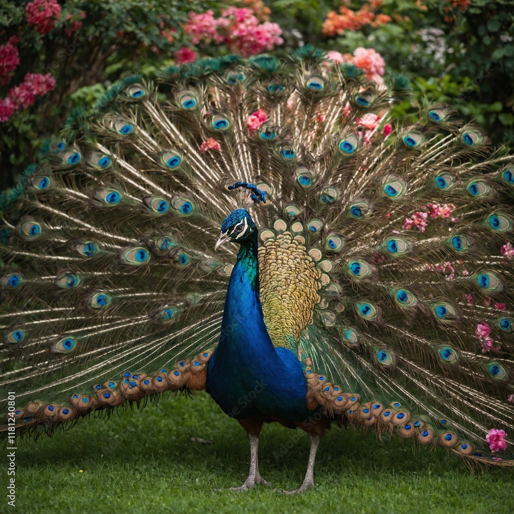 Naklejka premium A peacock displaying its feathers in a lush garden filled with blooming flowers.
