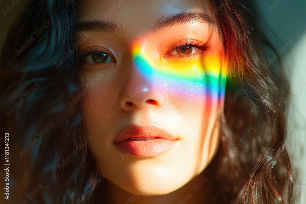 Naklejka premium Close-up portrait of a woman with a rainbow light reflection on her face, symbolizing diversity, inclusion, and LGBTQ+ pride.