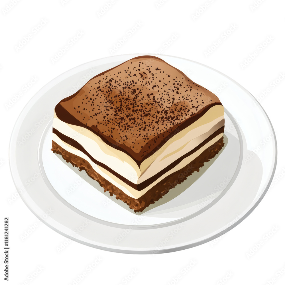 slice of tiramisu on white plate isolated on white transparent background