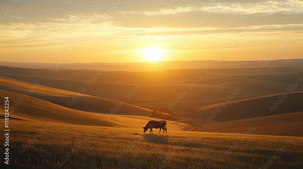 Fototapeta premium A serene sunset landscape with a grazing cow in a lush, rolling field.