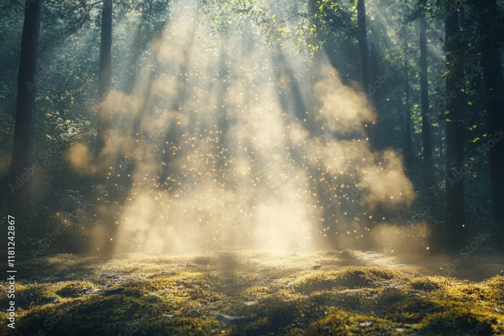 Sun rays streaming through dense forest with misty atmosphere Sun rays streaming through dense forest with misty atmosphere