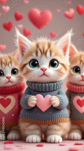A group of kittens in Valentine's sweaters, holding hearts, surrounded by floating pink hearts on a soft background.