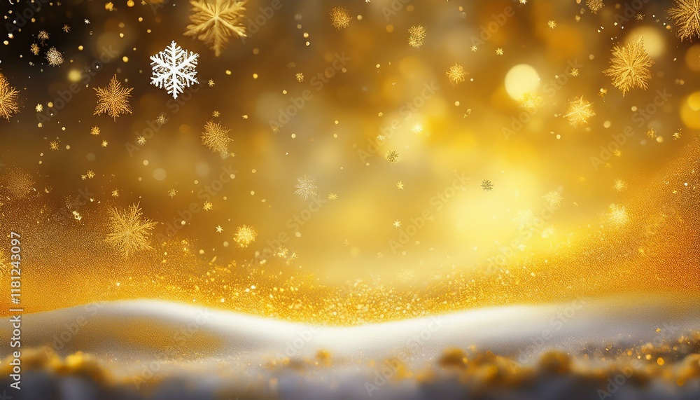 Obraz premium の真っ白な雪が積る黄色の風景と雪の結晶の背景。aiで生成