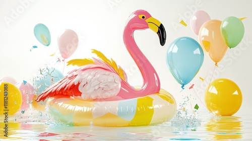 Flamingo balloon pool floating in the water, summer festival photo