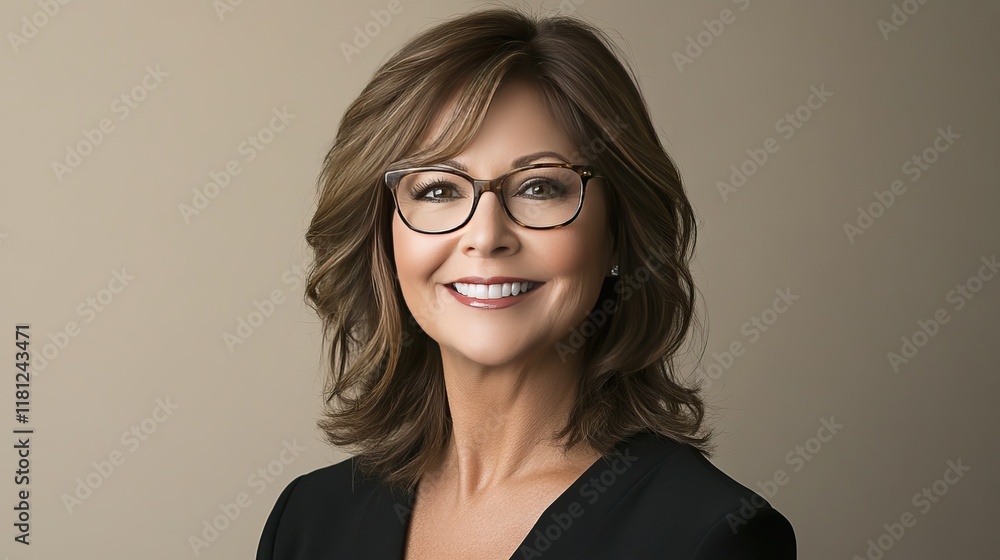 Fototapeta premium Professional woman with shoulder-length brown hair and glasses smiling on front page of online eye care store. Beige background, soft lighting, clean look, individuality