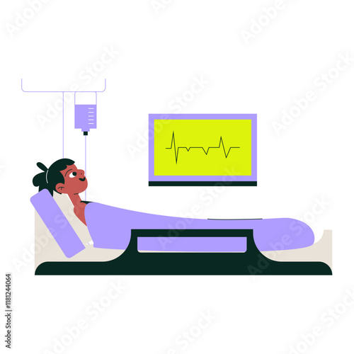 Female Patient In Hospital Bed With Monitor Displaying Heartbeat In Flat Vector Illustration Symbolizing Healthcare, Medical Care, And Recovery, Isolated On White Background
