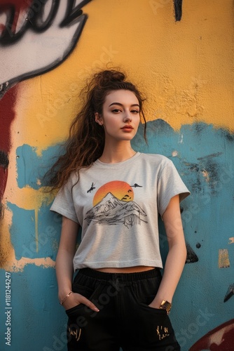 Young Woman Posing Against Colorful Graffiti Wall in Urban Setting