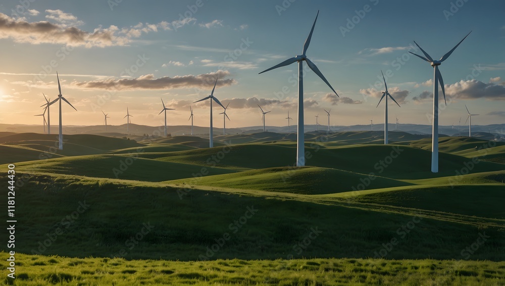 Obraz premium A wide shot of a field of wind turbines under a clear sky at dusk. The scene appears calm and serene.