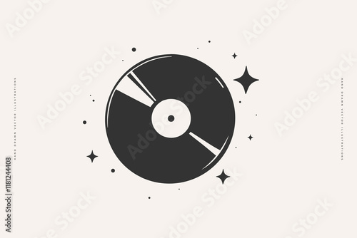 Hand-drawn illustration of a vinyl record with surrounding stars, symbolizing music in a cosmic setting. Simple, modern, and ideal for retro or music-themed designs.