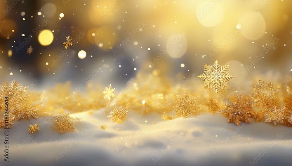 Naklejka premium の真っ白な雪が積る黄色の風景と雪の結晶の背景。aiで生成 