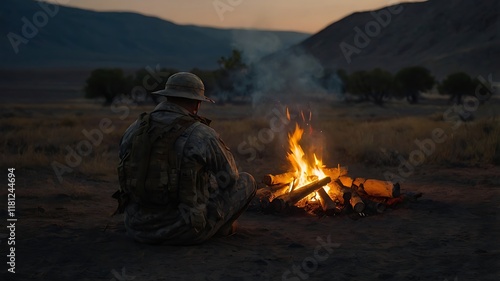 Soldier Sitting Alone By A Campfire, Staring Into The Flames With A Distant Look, As Shadows Dance Across Their Weathered Face photo