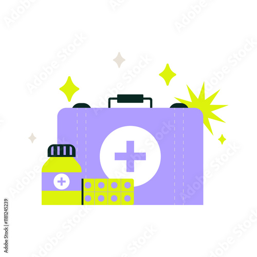 First Aid Kit With Medicines In Flat Vector Illustration Symbolizing Emergency, Healthcare, And Safety, Isolated On White Background