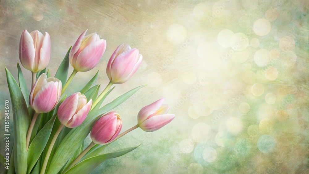 delicate tulips in soft pastel hues on a textured paper background, surrounded by gentle greenery and subtle floral patterns , paper background, flower arrangement delicate tulips in soft pastel hues on a textured paper background, surrounded by gentle greenery and subtle floral patterns , paper background, flower arrangement