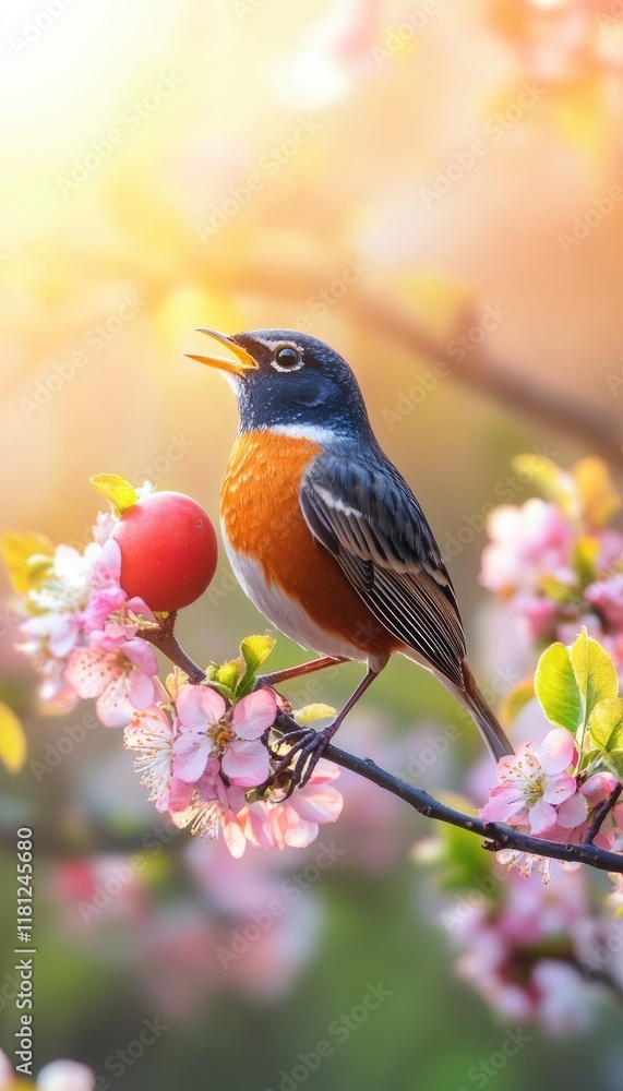 Fototapeta premium A vibrant bird perched on a flowering branch, singing amidst a soft, glowing background.