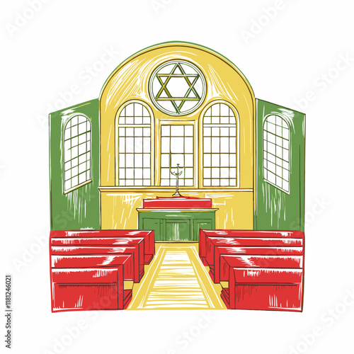 Interior of a colorful synagogue with benches and a star