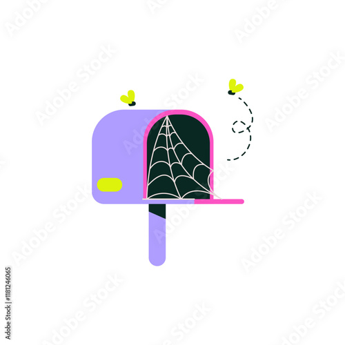 Mailbox With Spider Web And Flies In Flat Vector Illustration Symbolizing Neglect, Unused Communication, And Forgotten Mail, Isolated On White Background