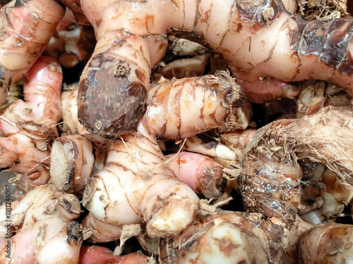 Fresh galangal root at the market. Agricultural background texture photo