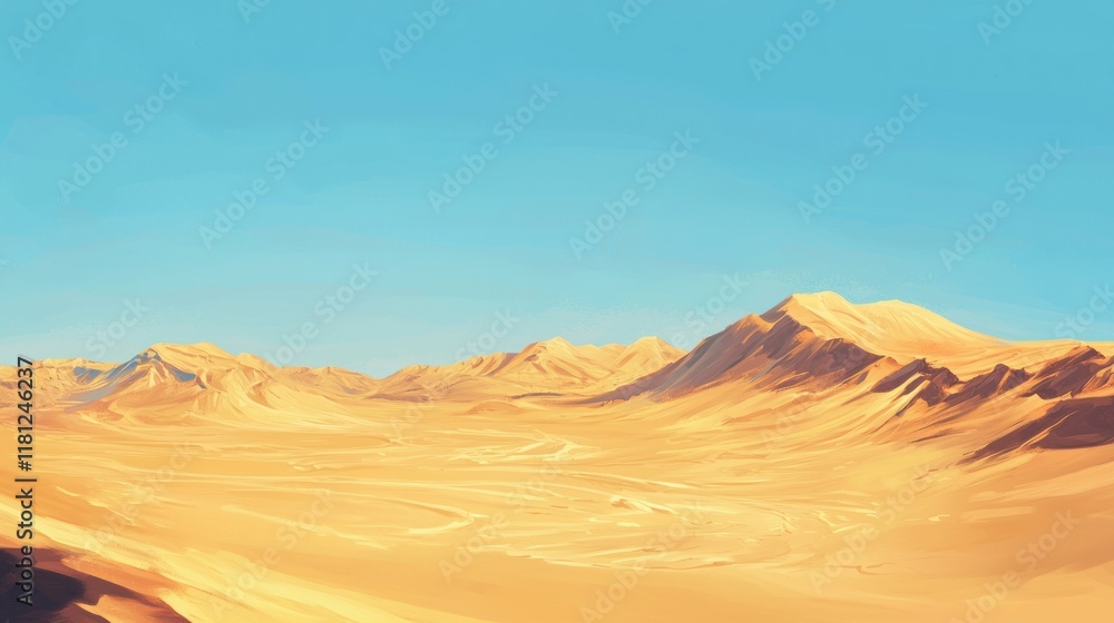 Naklejka premium Golden Desert Panorama: A Breathtaking View of Sandy Mountains under a Clear Sky
